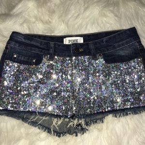 PINK sequin distressed jean shorts NWOT